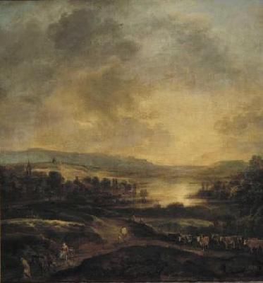 Aert van der Neer Hilly landscape at sunset